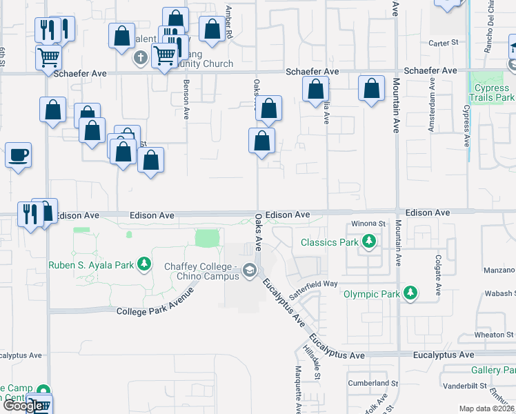 map of restaurants, bars, coffee shops, grocery stores, and more near 26853 Oaks Avenue in Chino