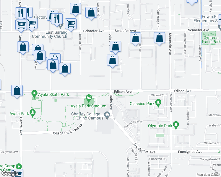 map of restaurants, bars, coffee shops, grocery stores, and more near 19032 Oaks Avenue in Chino