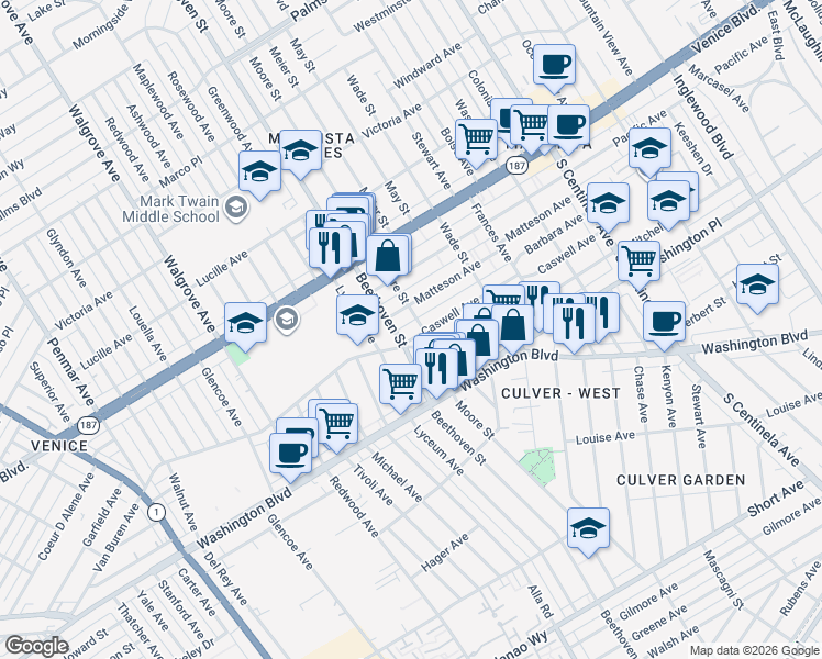 map of restaurants, bars, coffee shops, grocery stores, and more near 12811 Caswell Avenue in Los Angeles