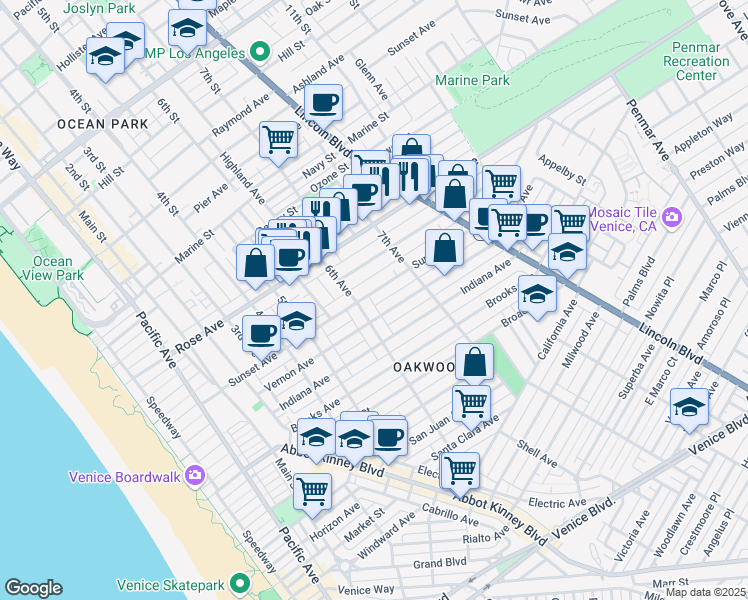 map of restaurants, bars, coffee shops, grocery stores, and more near 606 6th Avenue in Los Angeles