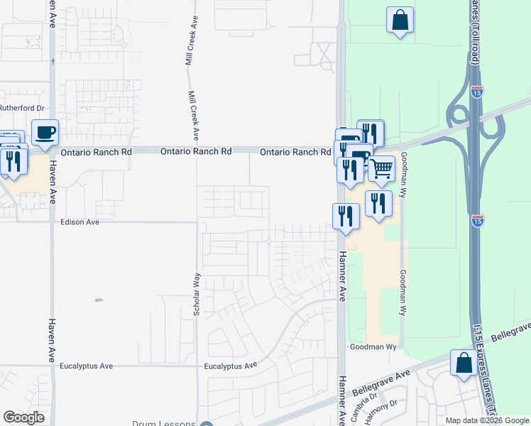 map of restaurants, bars, coffee shops, grocery stores, and more near 11051 Edison Avenue in Ontario