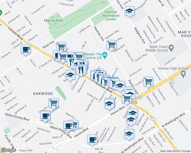 map of restaurants, bars, coffee shops, grocery stores, and more near 1016 Palms Boulevard in Los Angeles