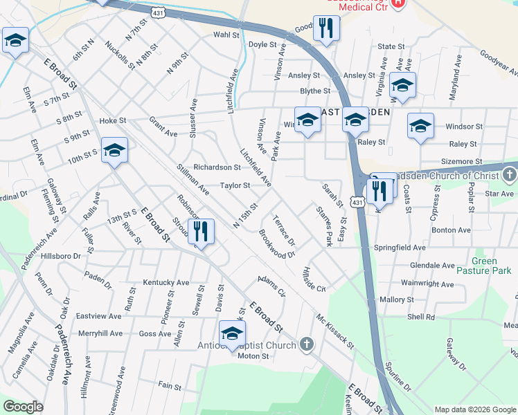 map of restaurants, bars, coffee shops, grocery stores, and more near 115 Brookwood Drive in Gadsden