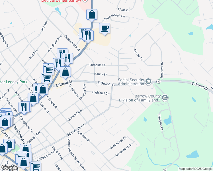 map of restaurants, bars, coffee shops, grocery stores, and more near 309 East Broad Street in Winder