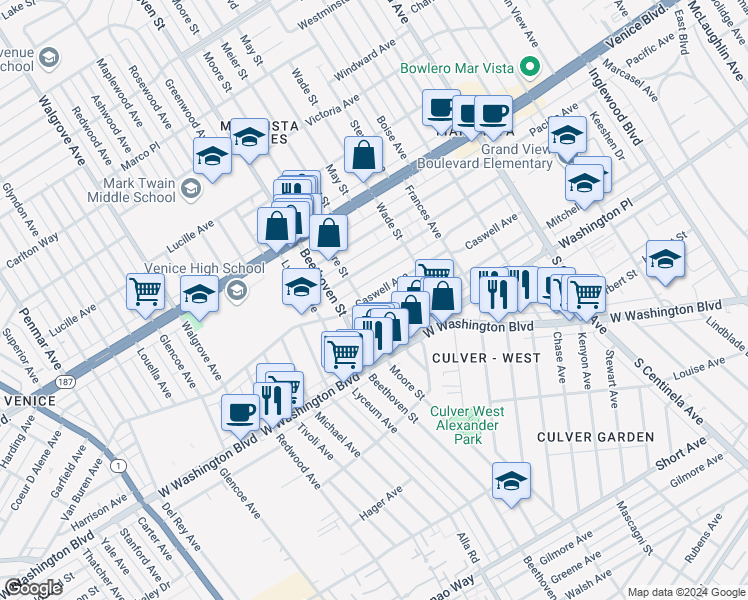 map of restaurants, bars, coffee shops, grocery stores, and more near 12770 Caswell Avenue in Los Angeles
