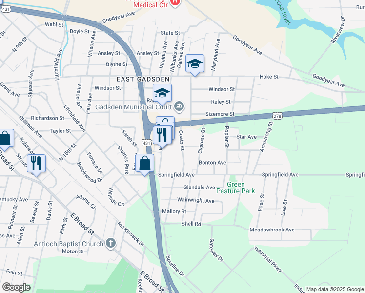 map of restaurants, bars, coffee shops, grocery stores, and more near Coats Street in Gadsden