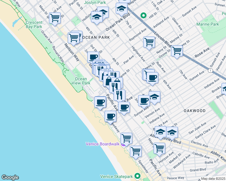 map of restaurants, bars, coffee shops, grocery stores, and more near 204 Main Street in Los Angeles