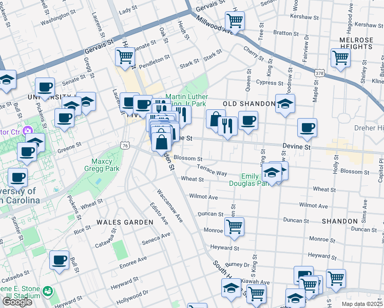 map of restaurants, bars, coffee shops, grocery stores, and more near 2209 Blossom Street in Columbia