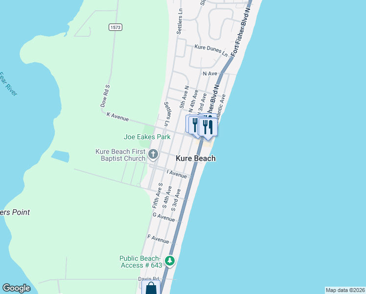 map of restaurants, bars, coffee shops, grocery stores, and more near 125 South 4th Avenue in Kure Beach
