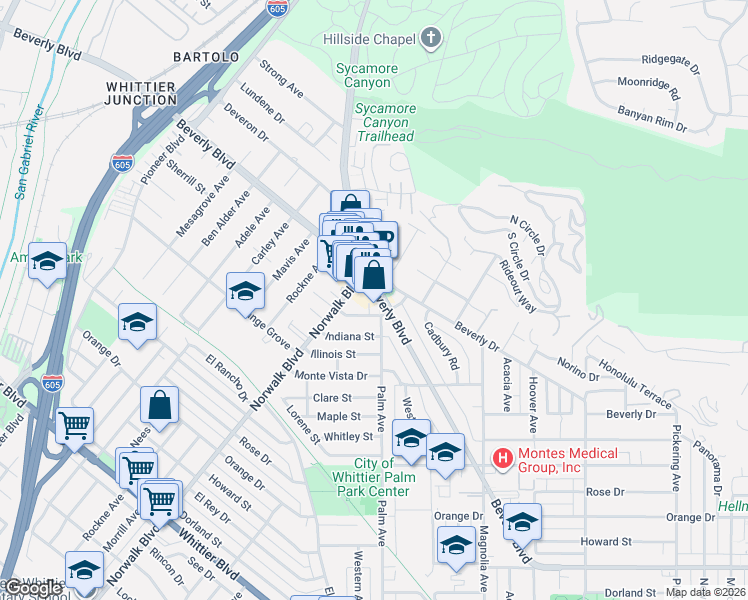 map of restaurants, bars, coffee shops, grocery stores, and more near 10820 Beverly Boulevard in Whittier