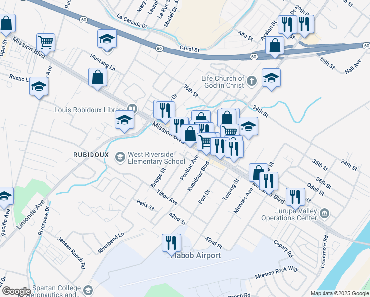 map of restaurants, bars, coffee shops, grocery stores, and more near 5686 Mission Boulevard in Riverside