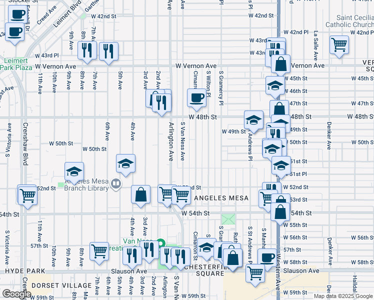 map of restaurants, bars, coffee shops, grocery stores, and more near 5008 South Van Ness Avenue in Los Angeles