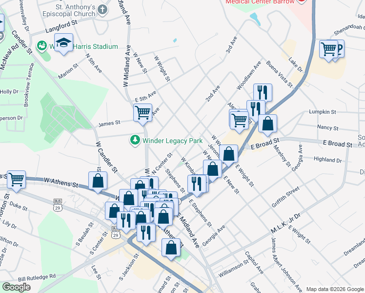 map of restaurants, bars, coffee shops, grocery stores, and more near 142 Woodlawn Avenue in Winder