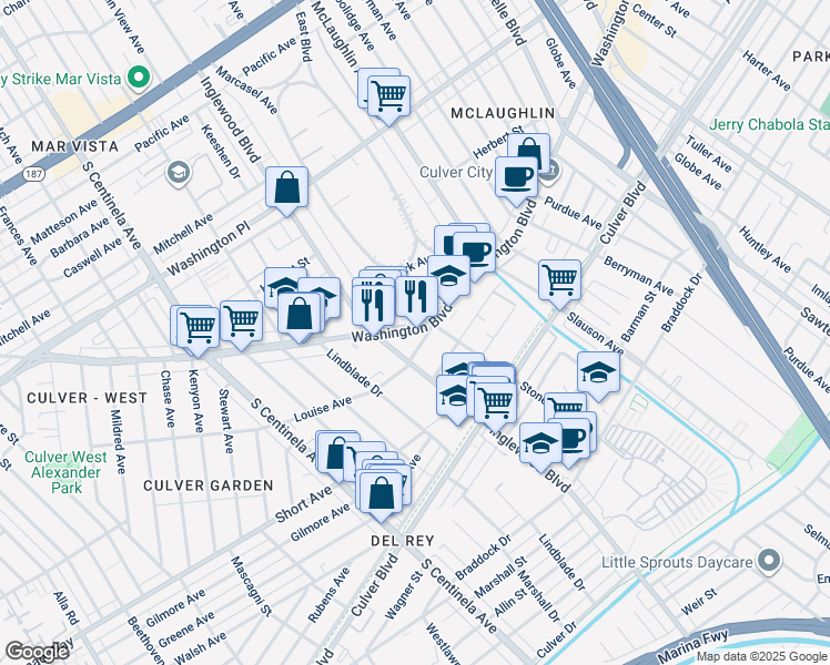 map of restaurants, bars, coffee shops, grocery stores, and more near 11928 Washington Boulevard in Los Angeles