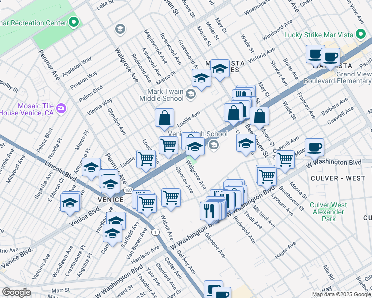 map of restaurants, bars, coffee shops, grocery stores, and more near 13263 Venice Boulevard in Los Angeles