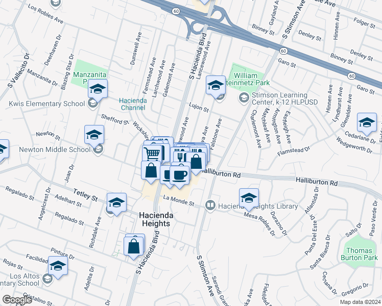 map of restaurants, bars, coffee shops, grocery stores, and more near 1926 Olympus Avenue in Hacienda Heights
