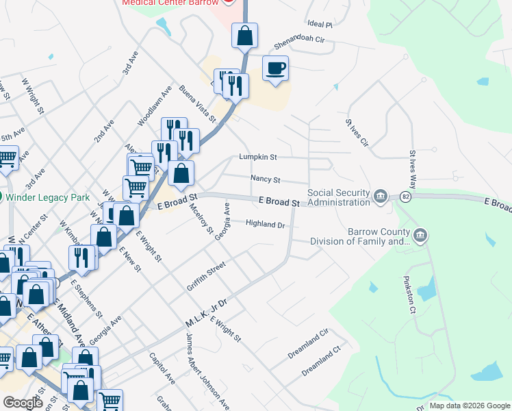 map of restaurants, bars, coffee shops, grocery stores, and more near 287 East Broad Street in Winder