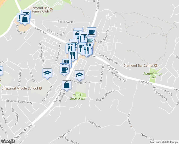 map of restaurants, bars, coffee shops, grocery stores, and more near 23408 Amberwick Place in Diamond Bar