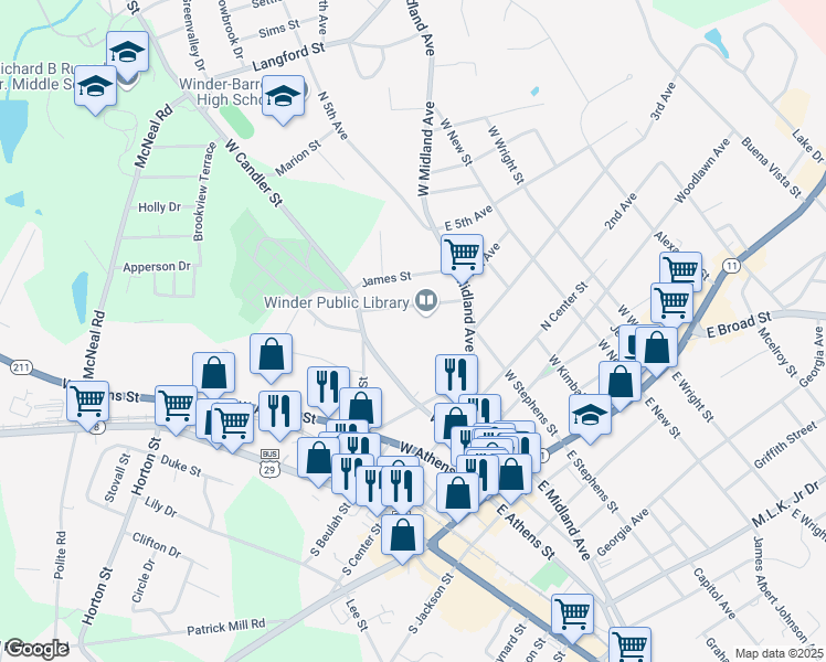 map of restaurants, bars, coffee shops, grocery stores, and more near 84 West Midland Avenue in Winder