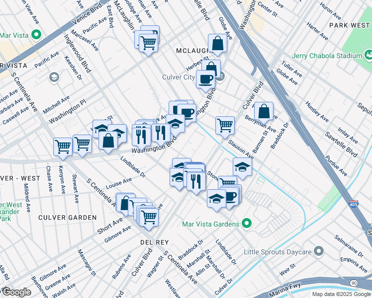map of restaurants, bars, coffee shops, grocery stores, and more near 11830 Courtleigh Drive in Los Angeles