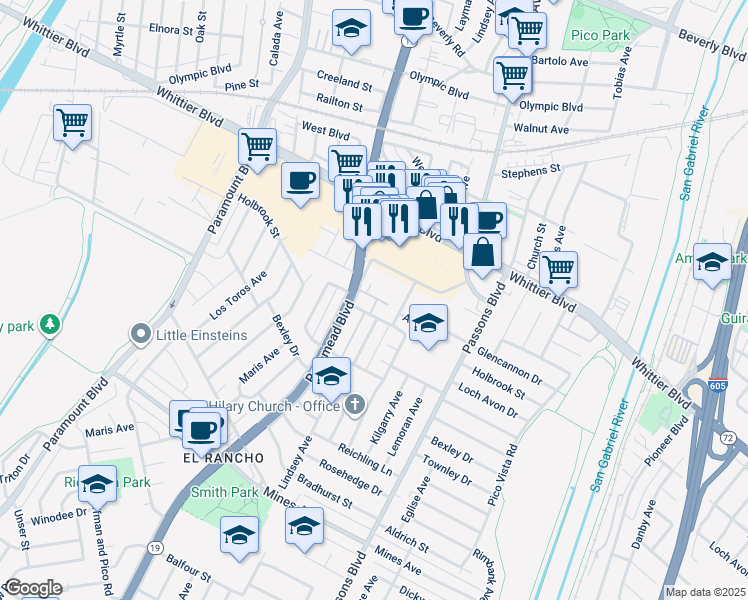 map of restaurants, bars, coffee shops, grocery stores, and more near 9071 Catherine Street in Pico Rivera