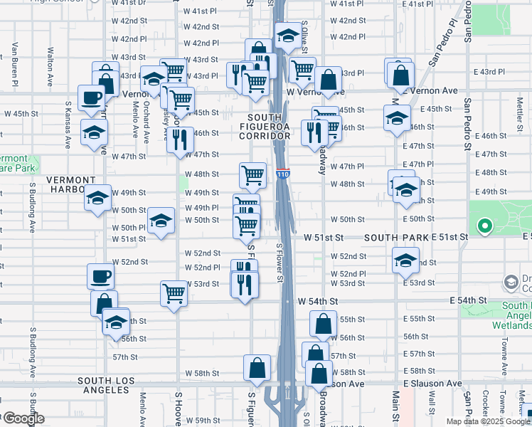 map of restaurants, bars, coffee shops, grocery stores, and more near 455 West 50th Street in Los Angeles