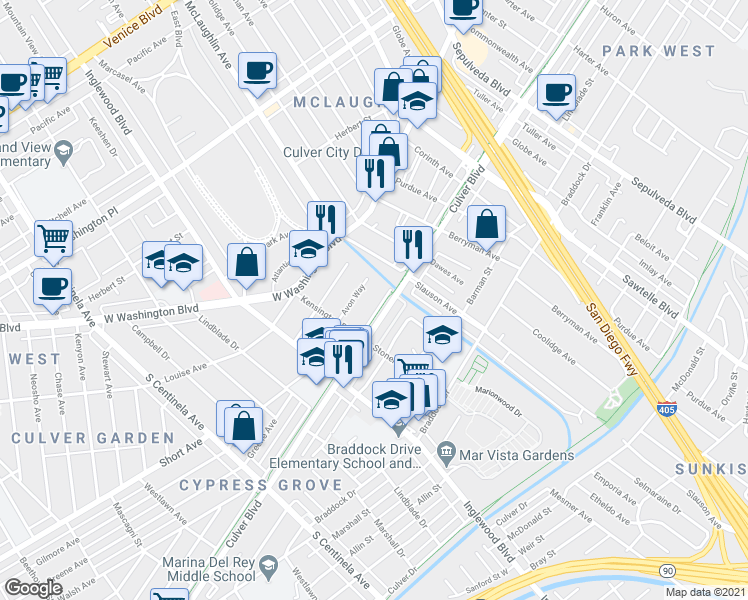map of restaurants, bars, coffee shops, grocery stores, and more near 11761 Culver Boulevard in Los Angeles