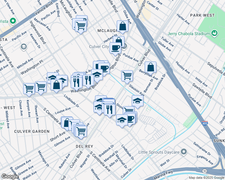 map of restaurants, bars, coffee shops, grocery stores, and more near 11823 Avon Way in Los Angeles
