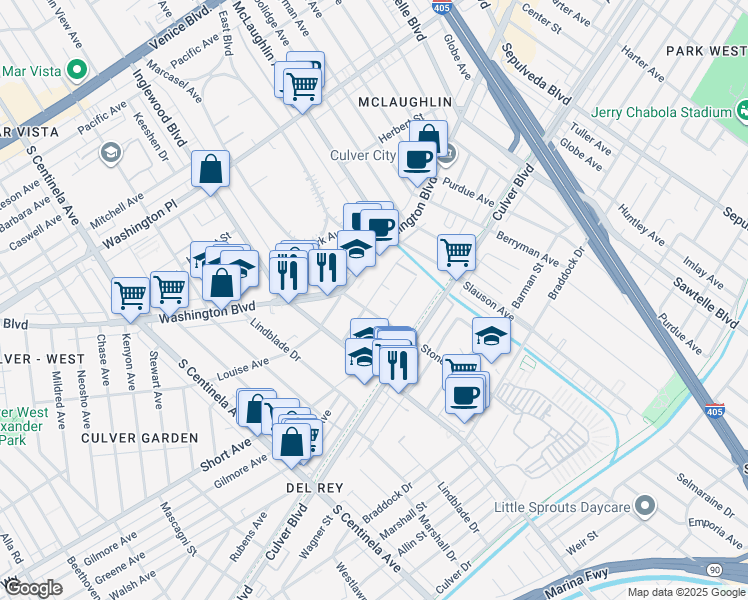 map of restaurants, bars, coffee shops, grocery stores, and more near in Los Angeles