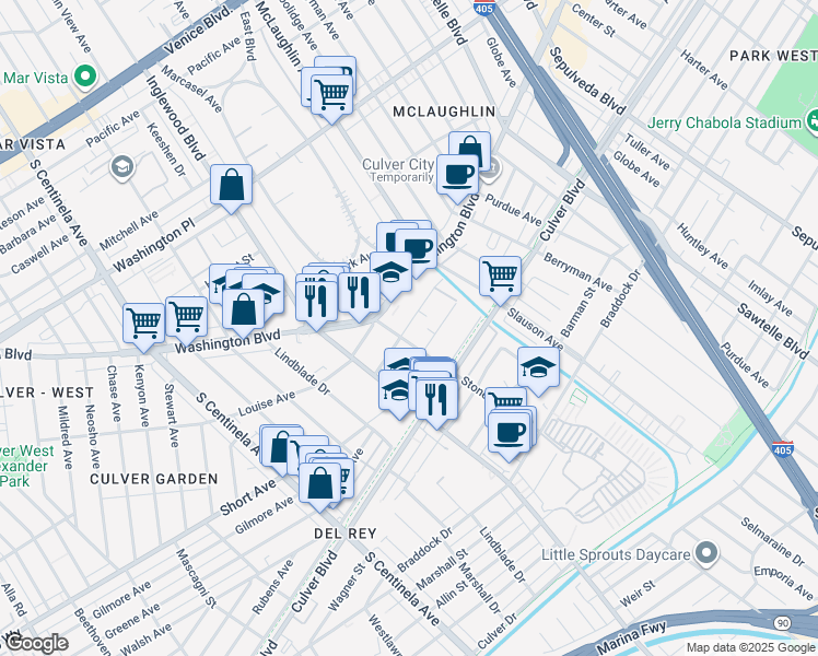 map of restaurants, bars, coffee shops, grocery stores, and more near in Culver City