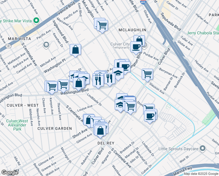 map of restaurants, bars, coffee shops, grocery stores, and more near 11928 Washington Boulevard in Los Angeles