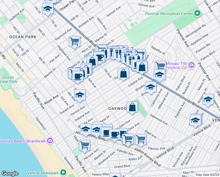 map of restaurants, bars, coffee shops, grocery stores, and more near 646 Vernon Avenue in Los Angeles