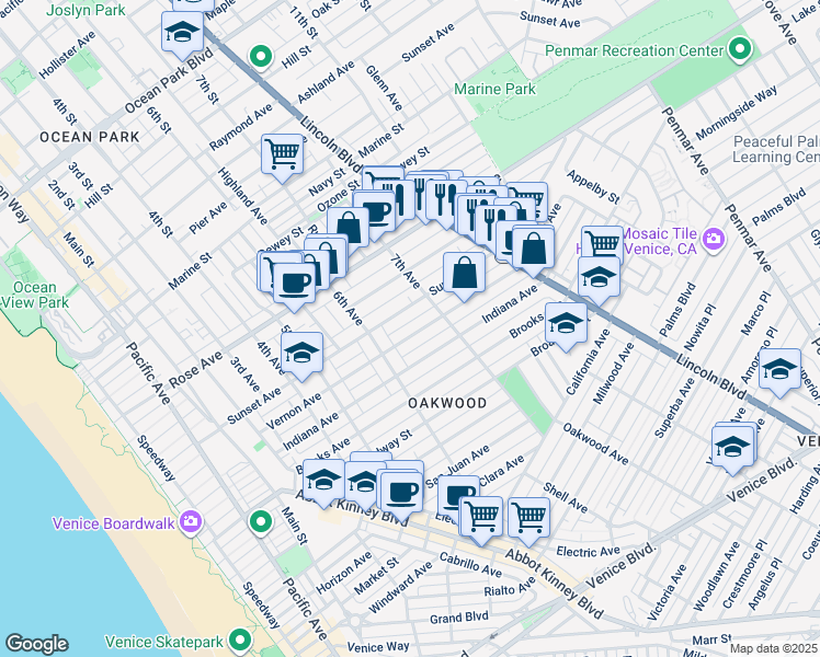 map of restaurants, bars, coffee shops, grocery stores, and more near 646 Vernon Avenue in Los Angeles