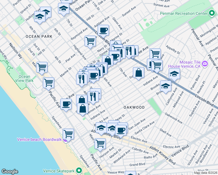 map of restaurants, bars, coffee shops, grocery stores, and more near 541 Sunset Avenue in Los Angeles
