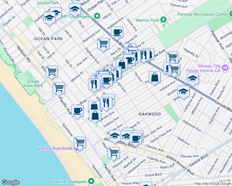 map of restaurants, bars, coffee shops, grocery stores, and more near 541 Sunset Avenue in Los Angeles