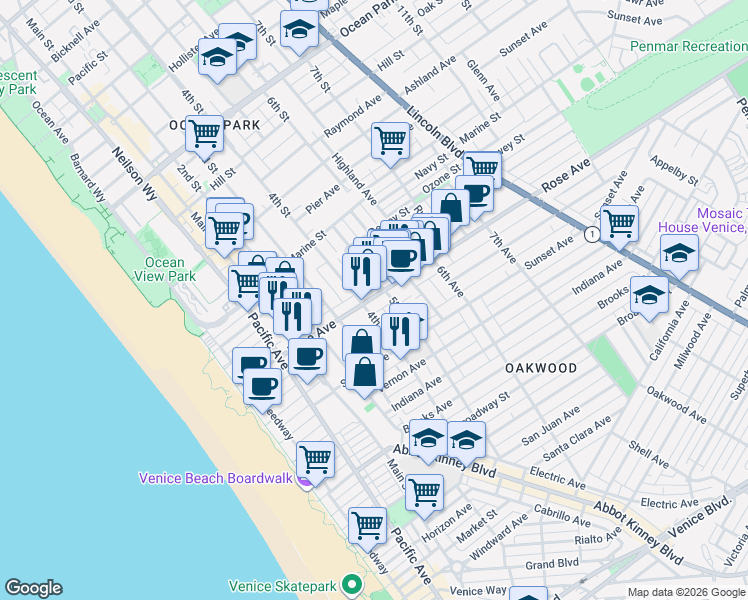 map of restaurants, bars, coffee shops, grocery stores, and more near 412 Rose Avenue in Los Angeles