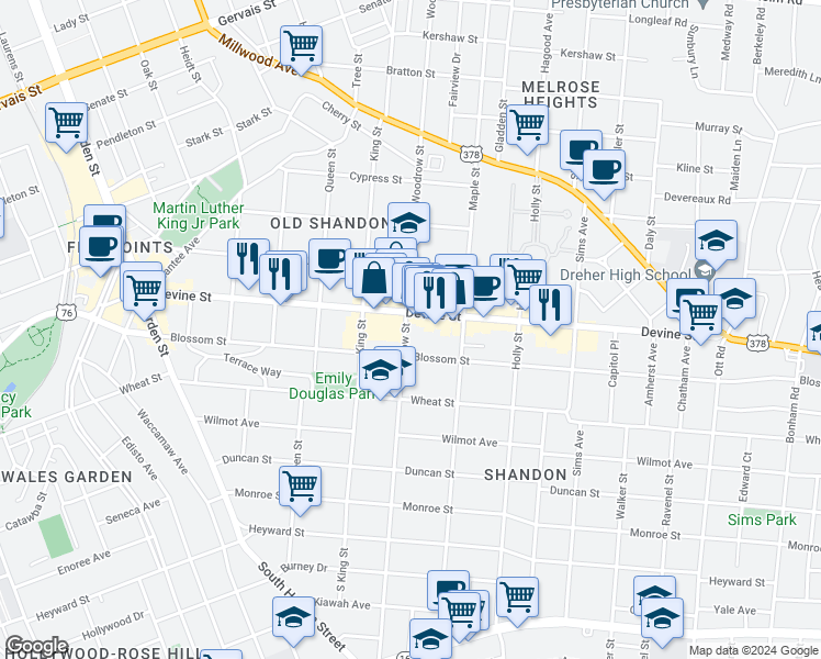 map of restaurants, bars, coffee shops, grocery stores, and more near 607 Woodrow Street in Columbia