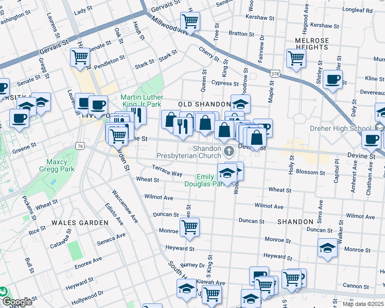 map of restaurants, bars, coffee shops, grocery stores, and more near 2501 Blossom Street in Columbia