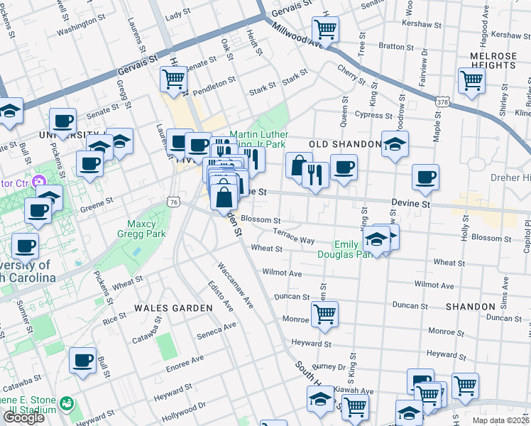 map of restaurants, bars, coffee shops, grocery stores, and more near 2209 Blossom Street in Columbia