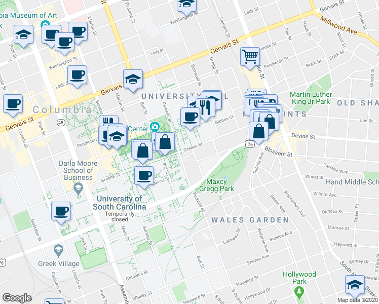 map of restaurants, bars, coffee shops, grocery stores, and more near 709 Henderson Street in Columbia