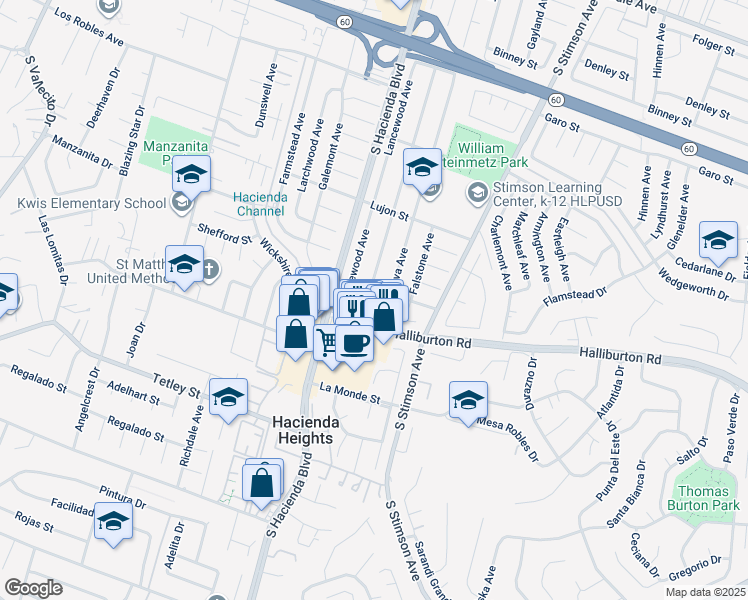 map of restaurants, bars, coffee shops, grocery stores, and more near 1926 Olympus Avenue in Hacienda Heights
