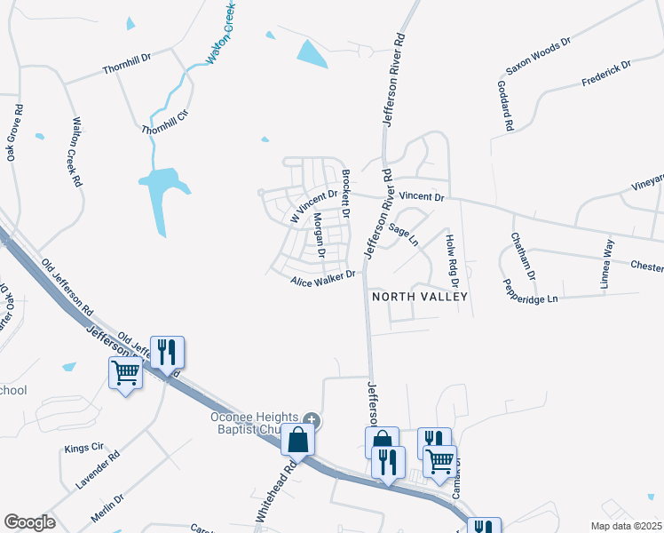 map of restaurants, bars, coffee shops, grocery stores, and more near 132 Alice Walker Drive in Athens