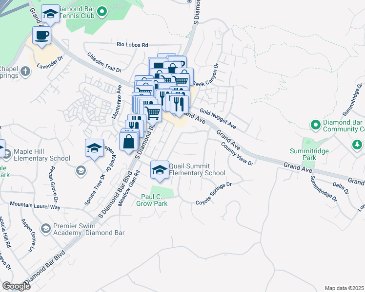 map of restaurants, bars, coffee shops, grocery stores, and more near 23414 Amberwick Place in Diamond Bar