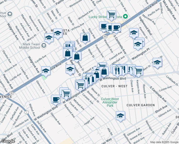 map of restaurants, bars, coffee shops, grocery stores, and more near 12760 Caswell Avenue in Los Angeles