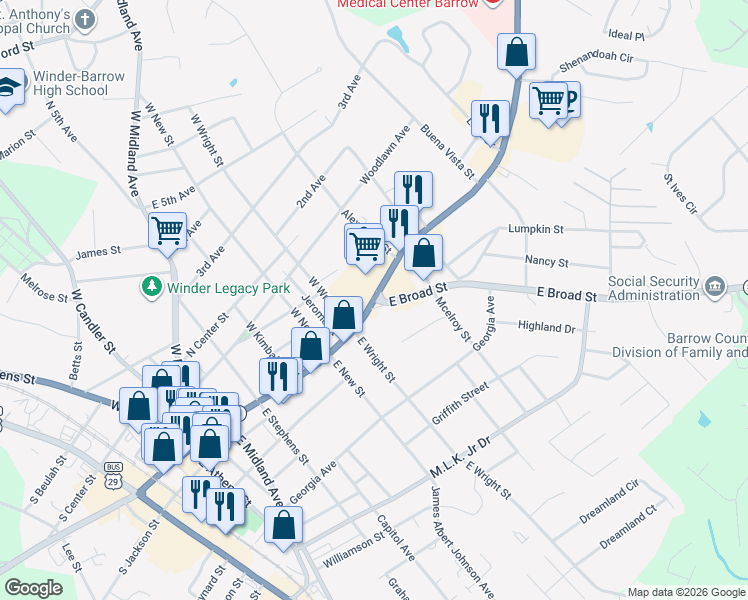 map of restaurants, bars, coffee shops, grocery stores, and more near Georgia 82 North in Winder