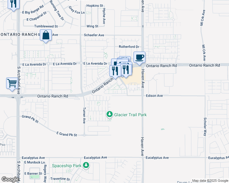 map of restaurants, bars, coffee shops, grocery stores, and more near 3277 East Wild Horse Privado in Ontario