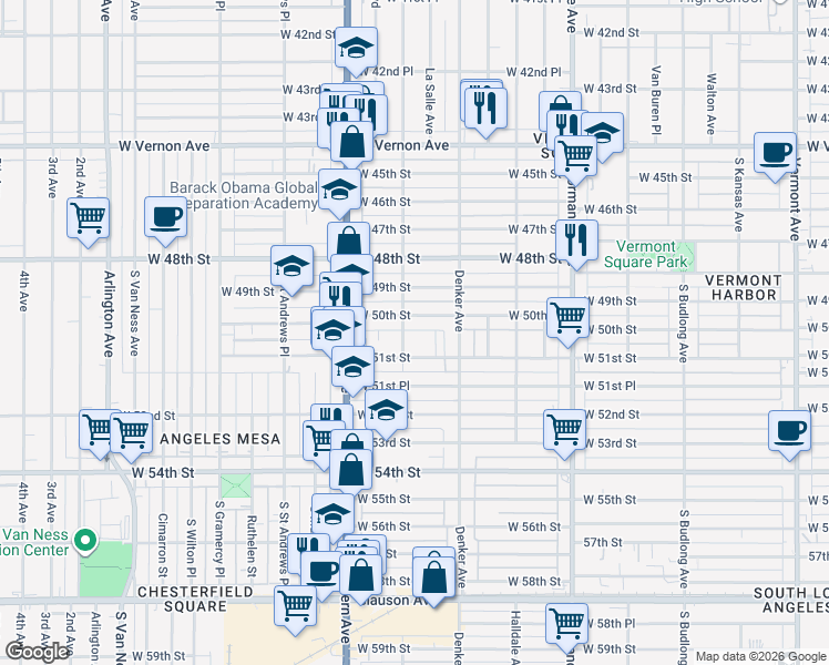 map of restaurants, bars, coffee shops, grocery stores, and more near 40371/2 South Harvard Boulevard in Los Angeles