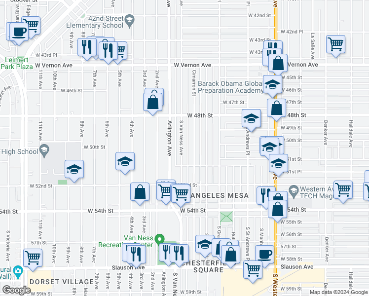 map of restaurants, bars, coffee shops, grocery stores, and more near 5008 South Van Ness Avenue in Los Angeles