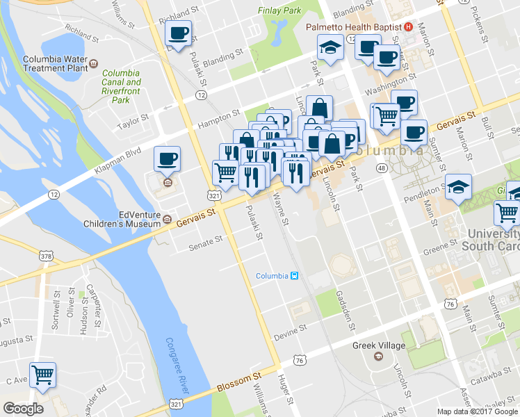 map of restaurants, bars, coffee shops, grocery stores, and more near 1100 Pulaski Street in Columbia