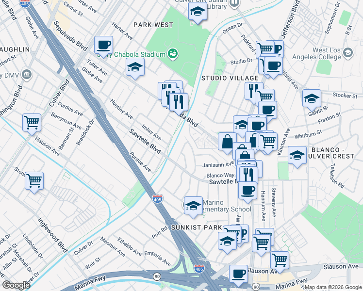 map of restaurants, bars, coffee shops, grocery stores, and more near 11115 McDonald Street in Culver City